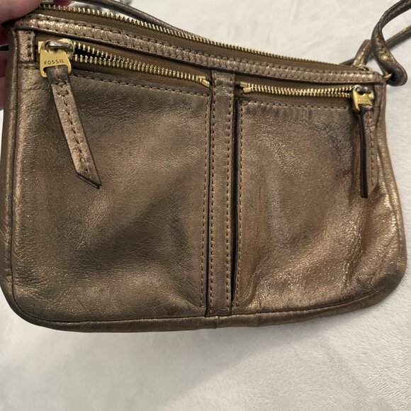 Fossil Erin Small Top Zip Metallic Bronze Rose Gold Crossbody Purse Shoulder Bag - Picture 9 of 10